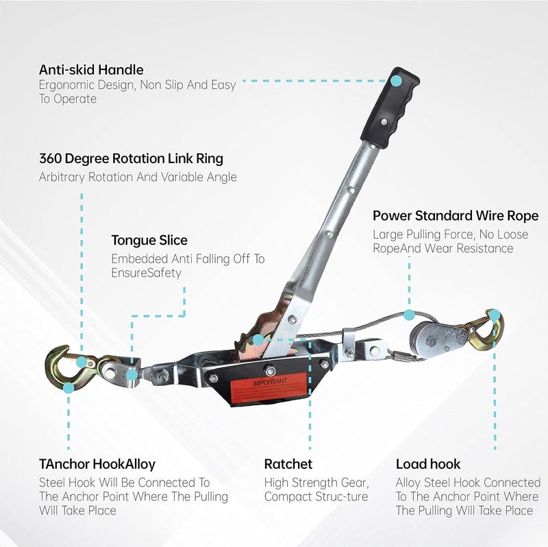 GESEXI 4 Ton Dual Gear Power Puller, 2 Hook Steel Cable Dual Gear Power Ratchet Come Along Puller Tool with Cable Automotive Hoist Hand Winch Cable Puller Stretcher Lift 8,800 Lbs - Image 5
